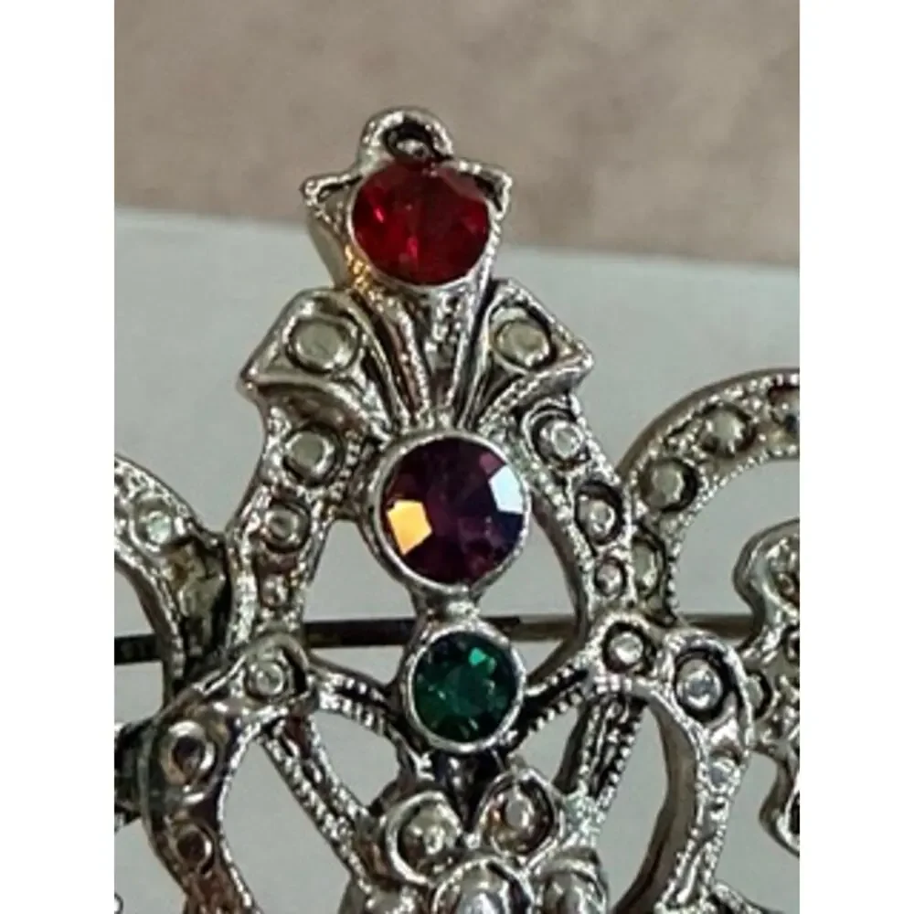 Vintage Style Silver Tone Jeweled Ornate Dangle Brooch Renaissance Gothic
